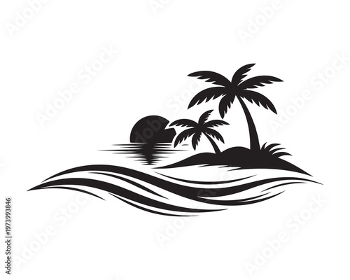 Tropical Island Silhouette Icon with Palm Trees and Sun