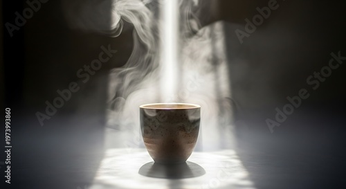 Serene contemplation with steaming beverage in illuminated ethereal light