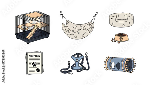 Small Pet Adoption & Care Essentials Illustration Set: Cage, Bed, Harness, Tunnel, Hammock, Bowl, and Adoption Papers