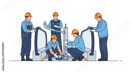 Precision Assembly: A focused team of skilled engineers collaboratively assembles machinery, their expertise and dedication evident in the intricate work. 