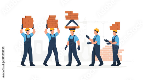 Construction Crew: A team of construction workers is diligently working together, each carrying a stack of bricks on their heads to a construction site. It's a picture of hard work, teamwork.