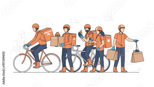 Rapid Delivery Team on Duty: Illustrative depiction of a swift delivery team, clad in orange uniforms, navigating urban spaces on bicycles and on foot to ensure prompt and efficient service.