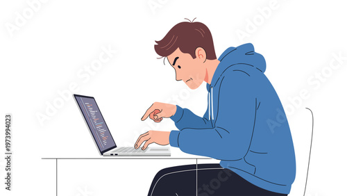 Young man with poor posture intensely typing on laptop. Coding, remote work, or study. Ergonomics and screen time concept.