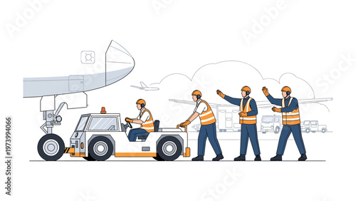 Guiding Aircraft: Airport ground crew diligently orchestrate the safe maneuvering of an aircraft, coordinating seamlessly to ensure efficient and precise movements. 
