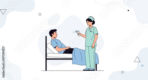 Nurse checks patient's temperature with infrared thermometer in hospital room