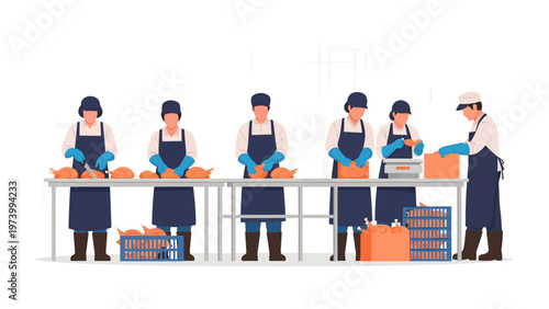 Efficient food processing: Workers expertly handle and package poultry in a streamlined food production facility, showcasing precision and care.