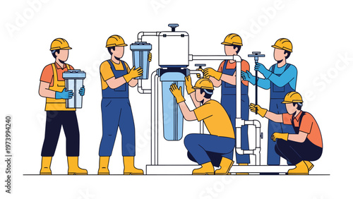 Installation and Maintenance: A team of skilled technicians diligently install and maintain complex machinery, demonstrating expertise in engineering and precise technical skills.