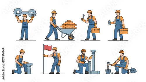 Construction worker illustration set: A set of illustrations showcasing various construction workers performing different tasks with construction tools and equipment.