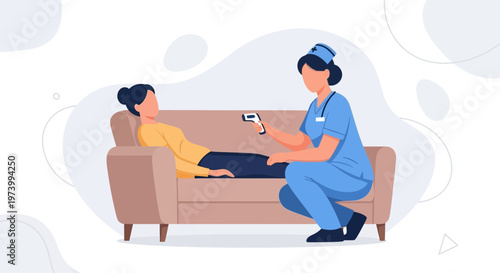 Nurse checking patient's temperature with infrared thermometer at home