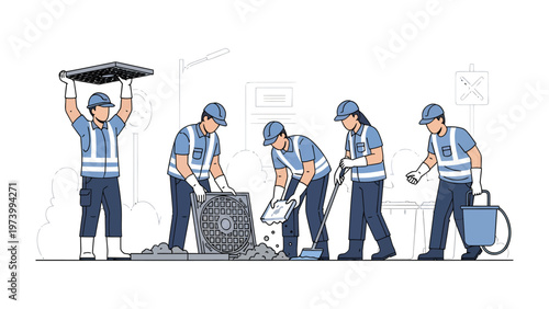 City Infrastructure Maintenance: A group of sanitation workers diligently performing various tasks related to city infrastructure maintenance, emphasizing teamwork and dedication. 