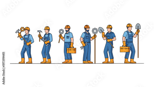 Engineering Workforce: A team of skilled engineers, each wielding a unique tool, stands ready for action, embodying the spirit of construction and precision.