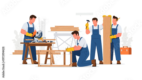 Crafting in Harmony: A team of skilled carpenters meticulously collaborating, turning raw wood into finished masterpieces, showcasing teamwork, precision, and craftsmanship.