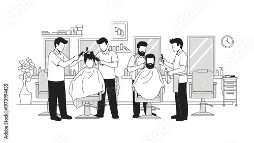 The Barbershop: A dynamic barbershop scene, bustling with clients receiving expert cuts and stylish grooming services, showcases the artistry and precision of the barber's craft.