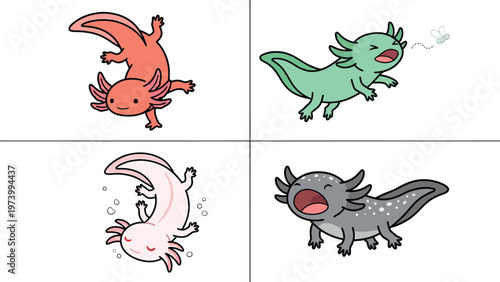 Adorable Cartoon Axolotls Set: Cute Amphibians in Various Poses and Emotions, Hand-Drawn Style
