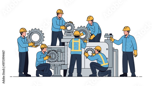 Teamwork in motion: Illustrating collaborative effort, a dedicated team of engineers in their protective gears working meticulously on machinery