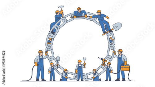 Building the Bonds of Unity: A symbolic illustration depicts a team of builders working collaboratively to assemble a strong chain, representing the strength and interconnectedness of teamwork.