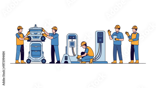 Electric Car Maintenance: A team of skilled technicians diligently works to maintain electric vehicles and charging stations, ensuring optimal performance and promoting a sustainable future.