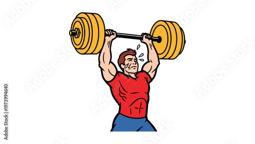 Cartoon illustration of a muscular man doing an overhead press with a heavy barbell, showing strength and effort.