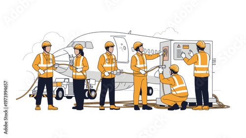 Airplane Servicing: A group of diligent technicians servicing a passenger aircraft on the tarmac, ensuring the plane is well-prepared for its next journey