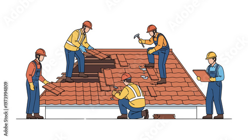 Roofing Crew in Action: A group of skilled workers collaborate on a rooftop, skillfully repairing and replacing tiles, demonstrating expertise in construction. 