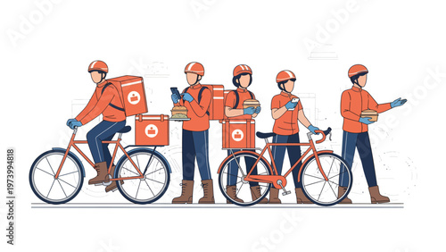 Swift Delivery Crew: A coordinated team of food delivery personnel, equipped with bikes and thermal bags, is poised to bring deliciousness straight to your doorstep. Each member stands ready.