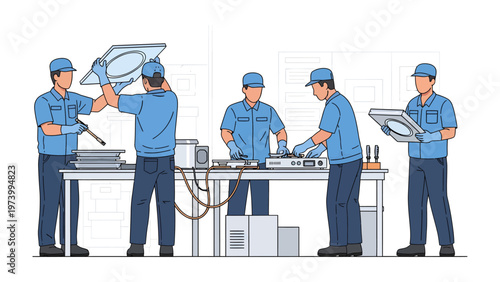 Factory Workers and Production Line: A team of skilled technicians diligently working on an assembly line, showcasing precision and efficiency in manufacturing processes.