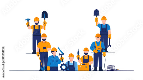 Team of Professionals at Work: A collection of skilled professionals, each equipped with their respective tools, stands together in a display of unity, teamwork, and collaborative endeavor. 