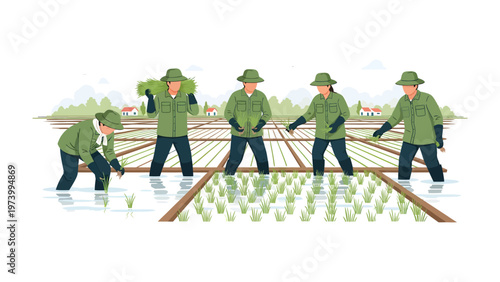Cultivating Growth: Depicting a team of farmers diligently working in a vibrant paddy field, actively nurturing and planting crops with precision and dedication.