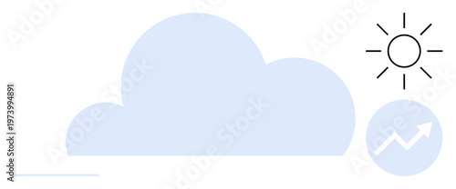 Weather prediction, business growth, cloud computing, data analysis, environmental monitoring, network storage. Cloud with sun and growth arrow icon. Weather forecast and business growth ideas