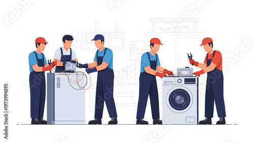 Appliance Repair Team: A team of skilled technicians diligently inspect and repair domestic appliances, highlighting the critical role of maintenance. 