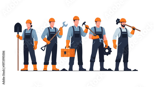 Team of Engineers: A dedicated team of engineers, each equipped with essential tools, stands united, ready to tackle any project. Depicting precision, expertise, and a commitment to progress.