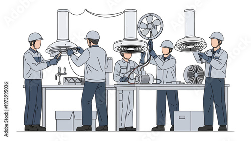 Industrial Assembly: Skilled workers meticulously assemble industrial equipment in a clean and organized workspace. Focus on precision and teamwork in action.