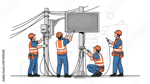 Urban Technicians at Work: A team of skilled technicians meticulously install and maintain an outdoor digital display, a symbol of modern urban communication and technological advancement.