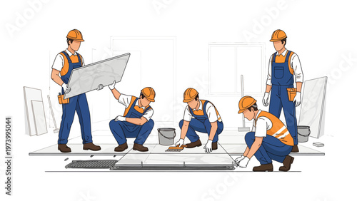 Construction Crew at Work: A construction crew of skilled workers is actively engaged in the process of laying floor tiles at a construction site.