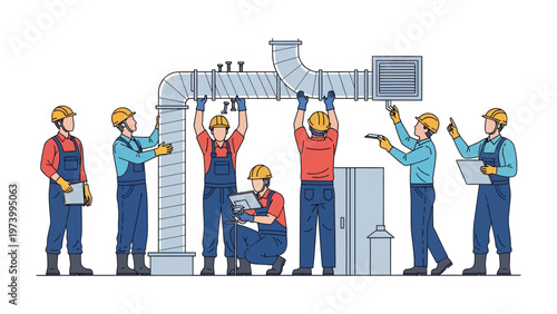 HVAC Installation Team: A team of skilled technicians meticulously installs ventilation systems, showcasing precision, coordination, and dedication in the construction process.