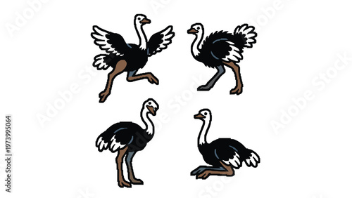 Cartoon Ostriches Set: Running, Standing, Sitting. Flat Design Vector Illustration.