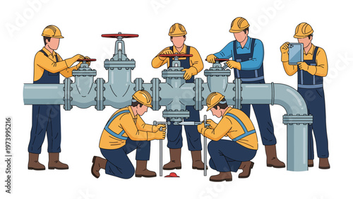 Industrial Precision: A team of skilled technicians meticulously works on a complex pipeline system, showcasing expertise and dedication in their profession. 