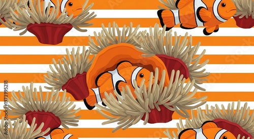 Seamless Pattern of Adorable Clownfish Nestled in Vibrant Sea Anemones.