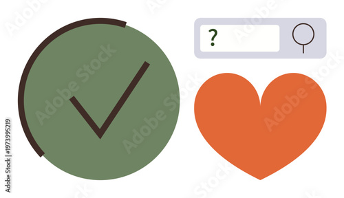 Modern concepts, validation, emotions, online search, decision-making, love. Green checkmark, red heart and a search bar with a question mark. Validation and emotions with clarity