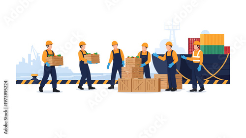 Maritime Logistics Unveiled: A group of diligent workers orchestrates the intricate dance of international trade at a bustling port, efficiently handling cargo with seamless coordination.