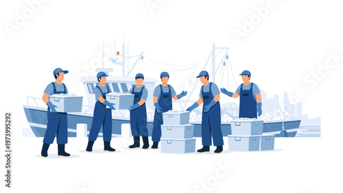 Maritime Labor: Illustrative portrayal of dockworkers engaged in loading activities near the ship. A scene capturing collaborative efforts in a maritime setting