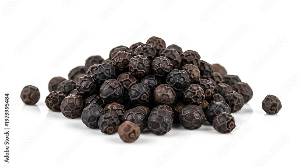 Fototapeta premium Pile of Black Peppercorns on White Background.