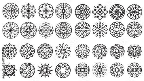 Set of decorative mandala and snowflake style circular ornaments vector.