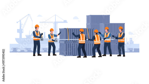 Maritime Logistics: A coordinated team of port workers orchestrates the loading and unloading of cargo containers, symbolizing global trade and industry efficiency.