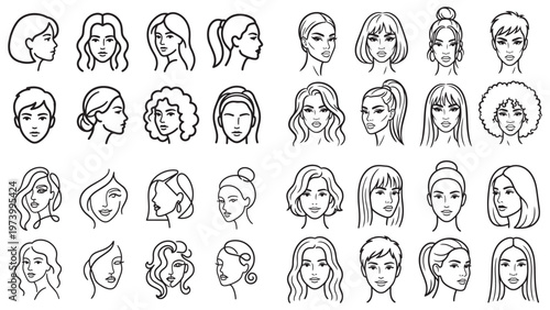 Diverse collection of female hairstyles and portraits line art vector.