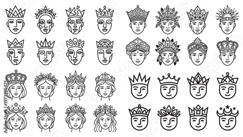 Collection of stylized king and queen faces with crowns vector art.