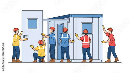 Construction teamwork: A group of construction workers, united in purpose, collaborate to assemble a modular building, embodying precision, cooperation, and the pursuit of progress.