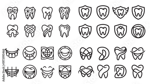 Dental icons with teeth shields and smile motifs for clinic branding.
