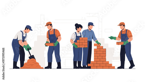 Building Team: A team of construction workers diligently collaborating on a brick wall, showcasing the artistry of building and construction. 