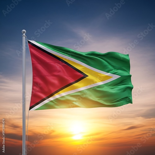 Guyanas Vibrant Flag Waving Proudly Against a Stunning Sunset Sky.